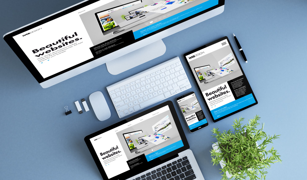 Blue Devices Top View Creative Website Builder 3d Rendering