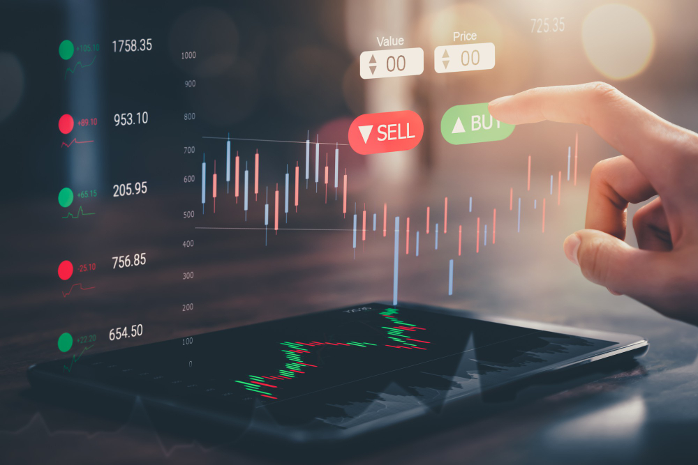 Hand Touching on Trading Icon Screen With Graphs Analysis Candle Line 