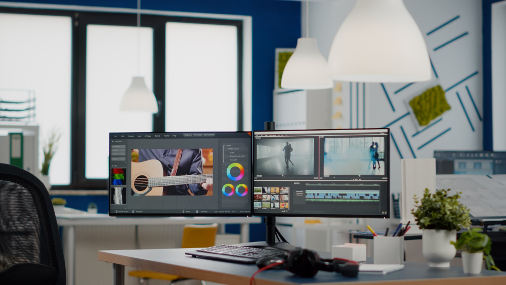 Empty Modern Creative Agency Office With Dual Monitors