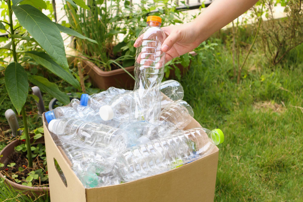 Hand Hold and Put Plastic Bottles in to Brown Recycle Garbage Box