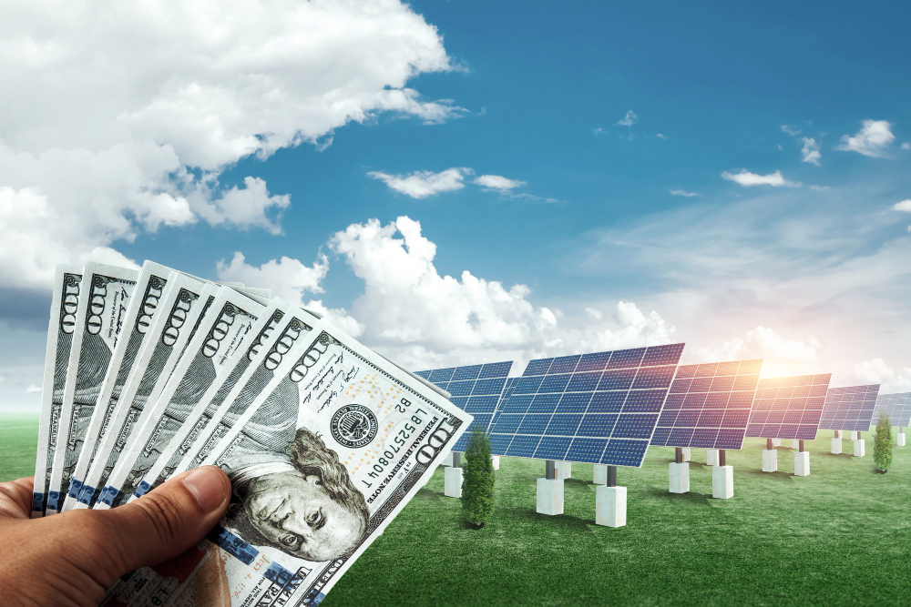 Hand With Dollars on the Background of Solar Panels