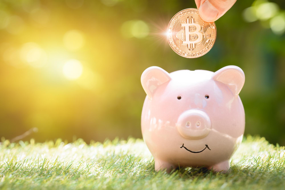 Happy Saving Bitcoin Currency or Crypto Money With Piggy Bank Concept