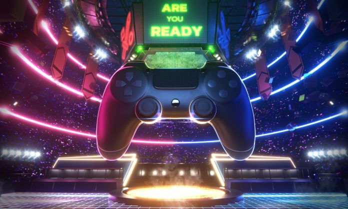 Neon Light Glow E-sport Arena With the Big Joy Pad in Middle Stadium Neon Light Glow E-sport Arena With the Big Joy Pad in Middle Stadium