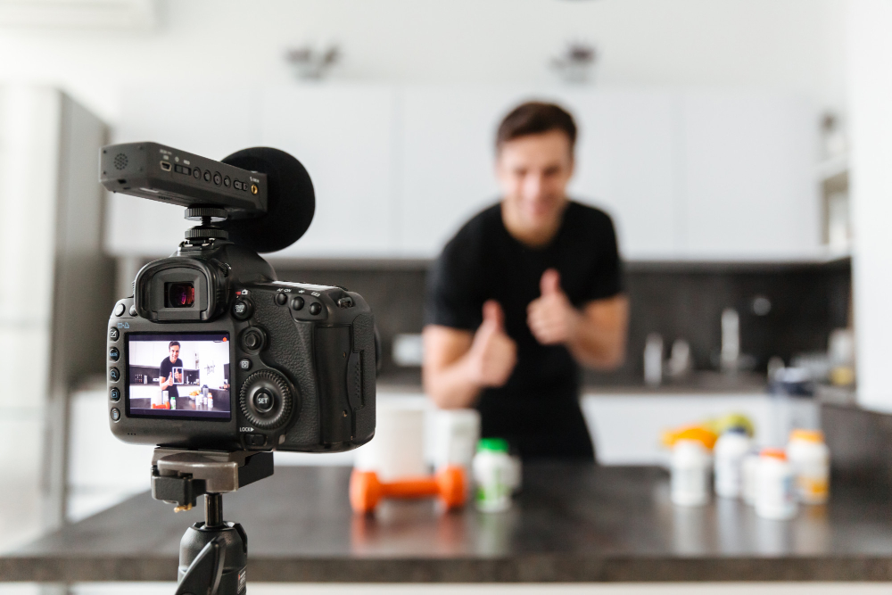 Smiling Young Man Filming His Video Blog Episode