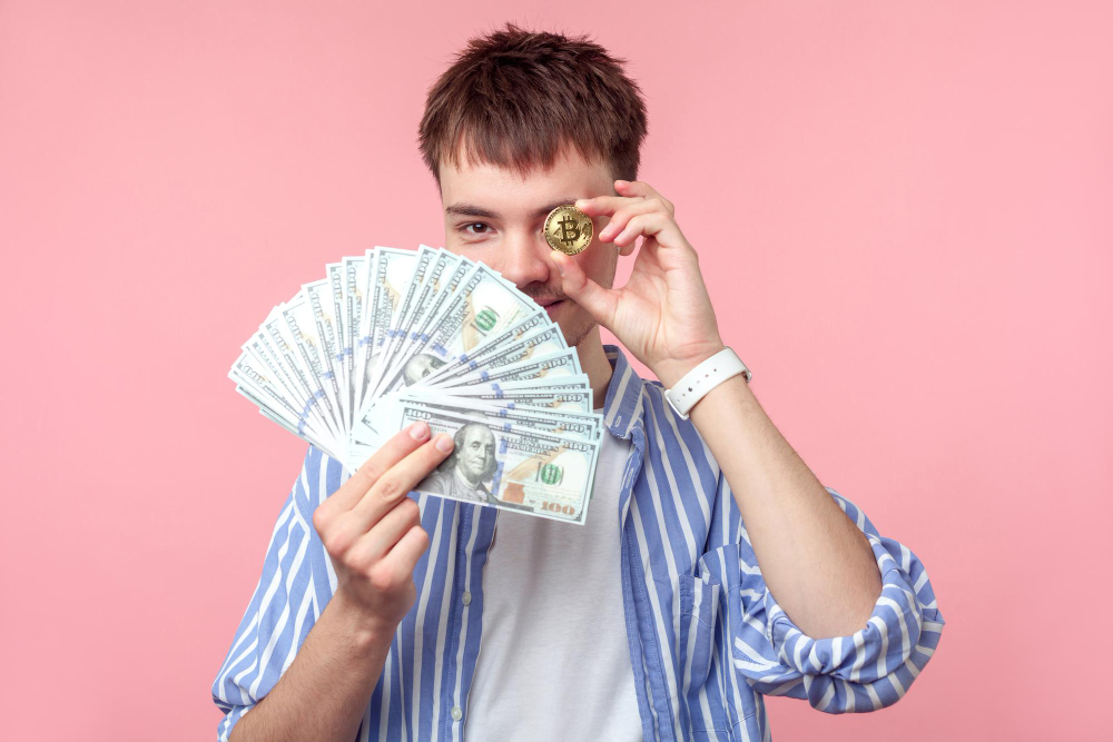 Young Brown-haired Man Covering One Eye With Bitcoin and Holding Dollars