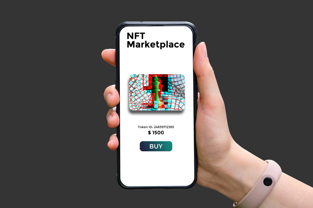 Hand Holds Smartphone With Type of Cryptographic NFT Marketplace With Art Sale