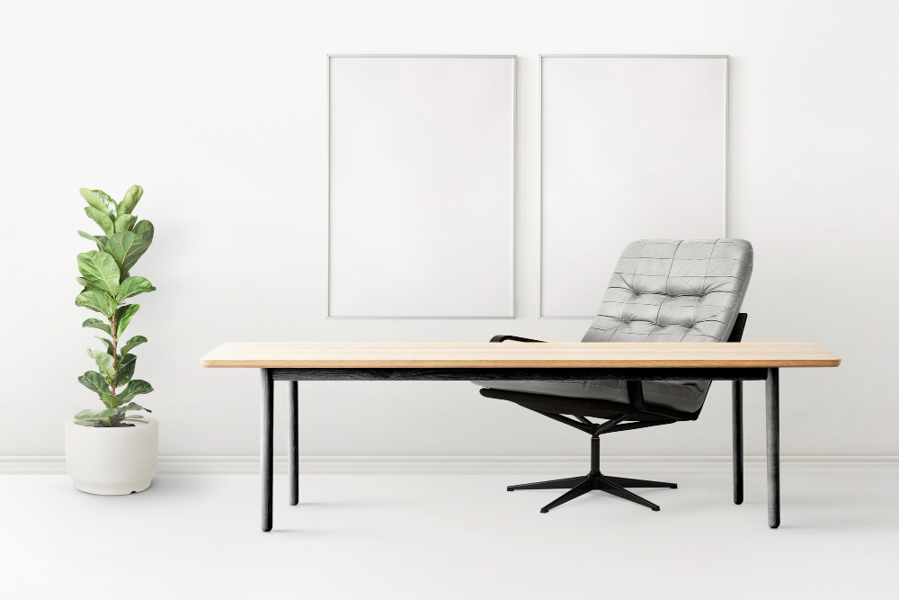 Minimal Home Office Interior Design With Fiddle-leaf Fig Plant 