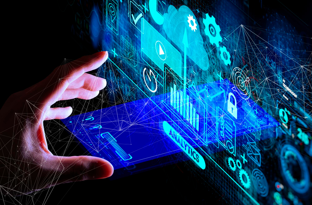 Hand Touching Business Data Analytics Process Management With KPI Financial Charts and Graph 