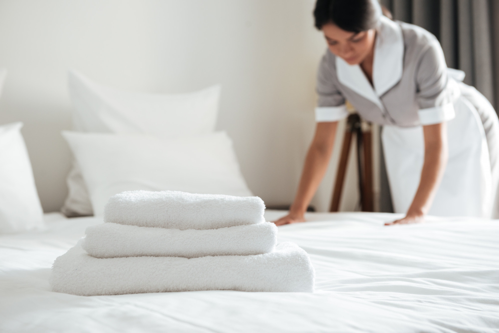 Young Hotel Maid Setting up Pillow on Bed