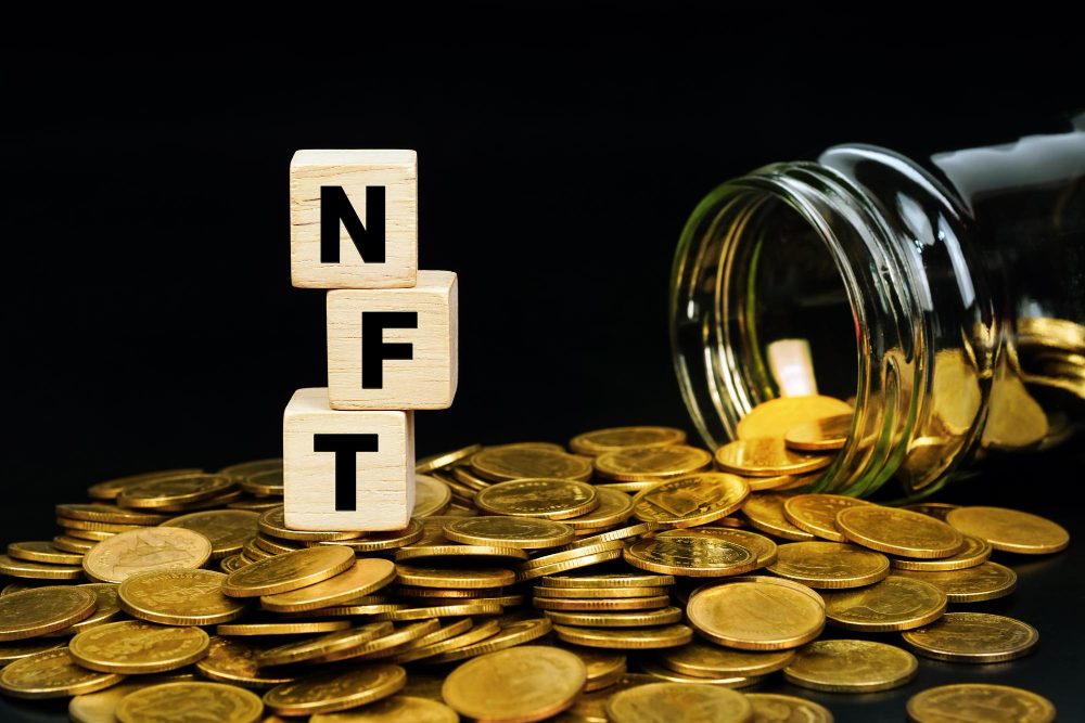 NFT Short for Non Fungible Token Text on Wood Cubes With Coins