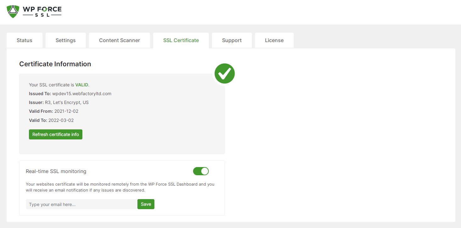 WP Force SSL Certificate Information