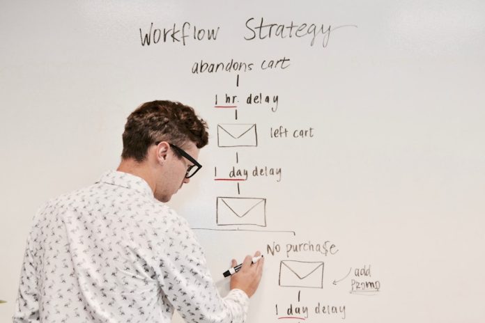 man writing on whiteboard content strategy, seo planning, topical authority, digital marketing tools