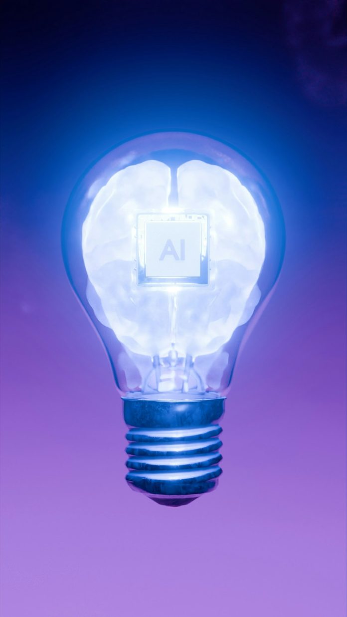 Ai brain inside a light bulb. artificial intelligence data visualization global network