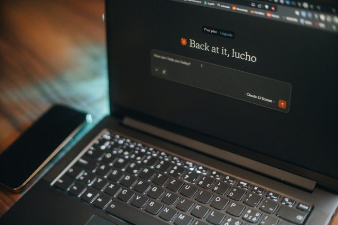 Laptop screen says "back at it, lucho" backup drive, caution sign, ubuntu laptop