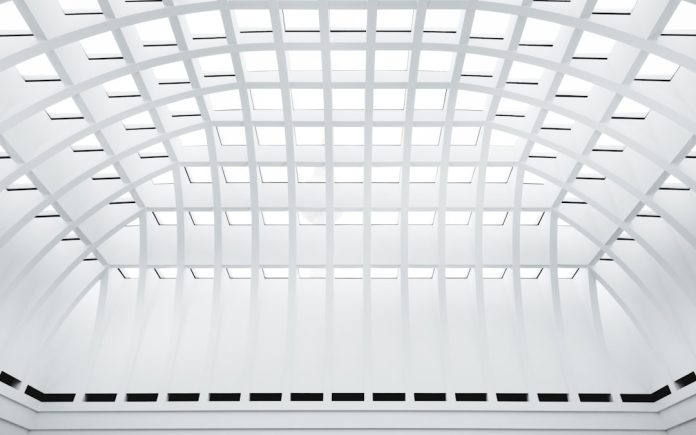 A modern building's white architectural ceiling. enterprise integration dashboard, api management interface, cloud connectivity architecture