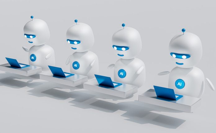 a group of white robots sitting on top of laptops business team, ai assistants, automated tasks