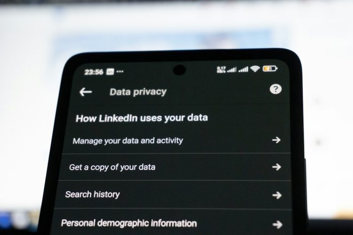 Linkedin data privacy settings on a smartphone screen browser fingerprint, device signals, privacy profile